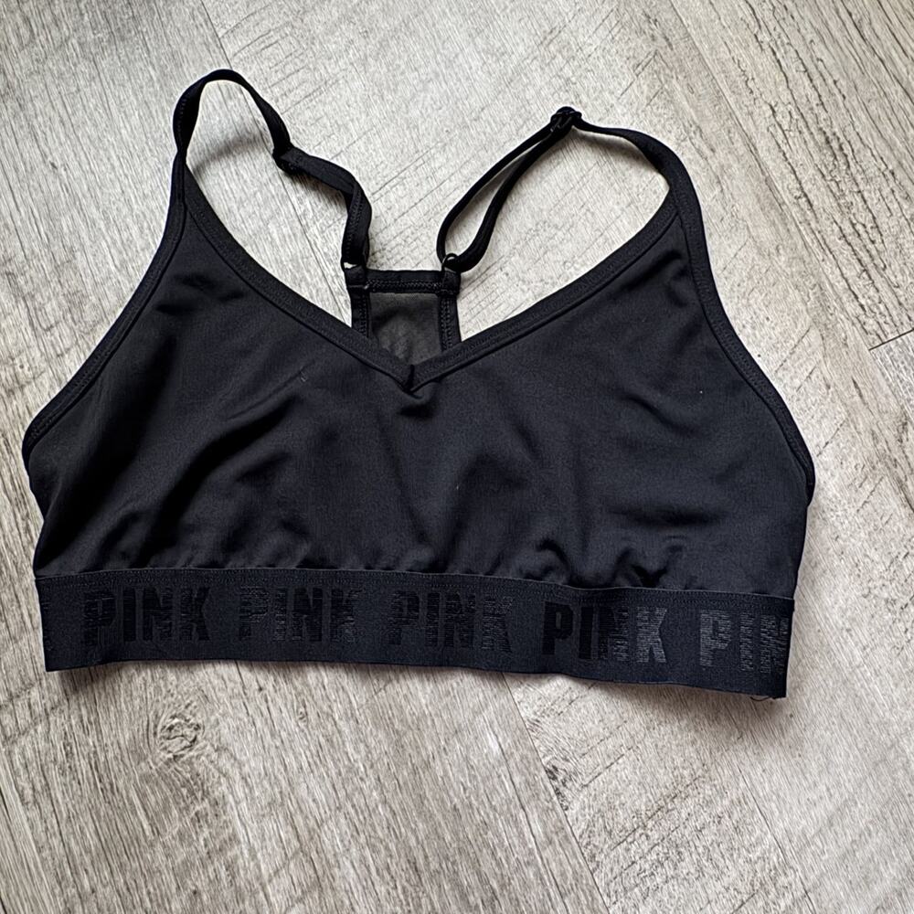 PINK Victoria's Secret Black Racer Back Sports Bra Size Small Logo Adjustable